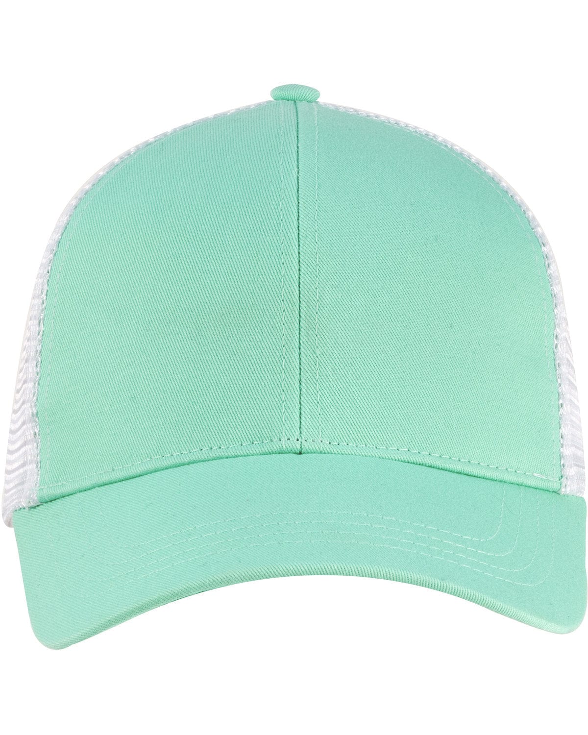 The S&S Activewear Eco Trucker Hat in light green and white features organic cotton, recycled polyester, a mesh back, and a curved brim, shown from the front.