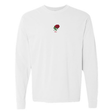The England Vintage Long Sleeve Comfort Tee by EMB S&S Activewear features a white design with a small red rose and "1971" on the chest, inspired by classic England vintage tees.