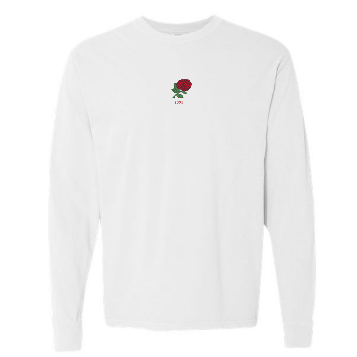 The England Vintage Long Sleeve Comfort Tee by EMB S&S Activewear features a white design with a small red rose and "1971" on the chest, inspired by classic England vintage tees.