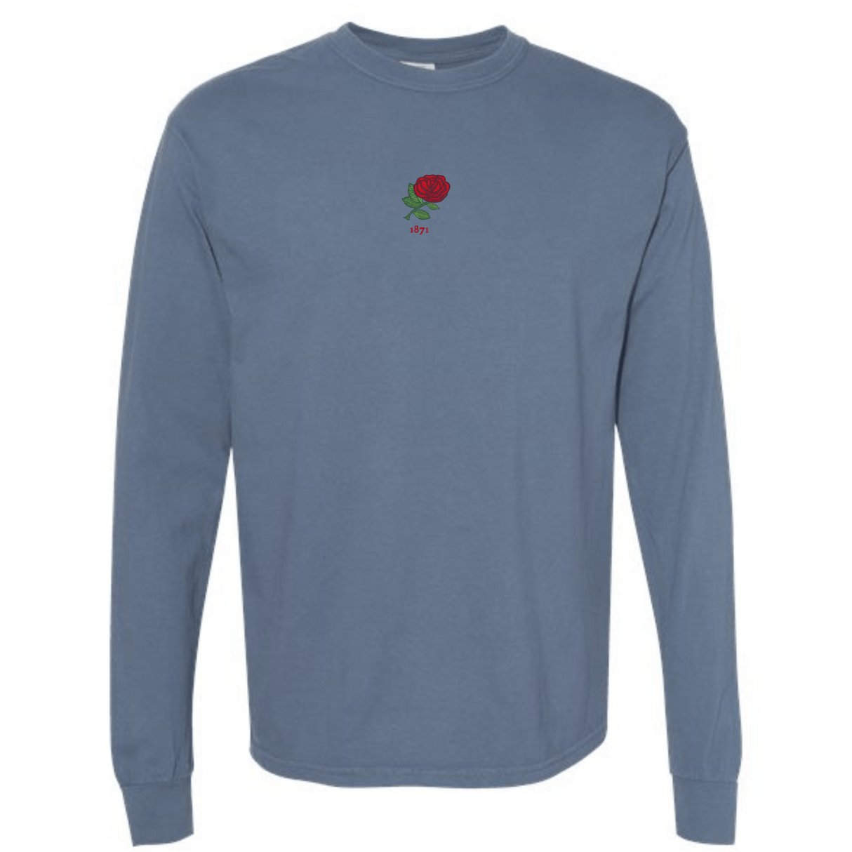 The EMB S&S Activewear England Vintage Long Sleeve Comfort Tee features a blue color, small red rose, and "1973" printed on the upper chest for a classic England vintage look.