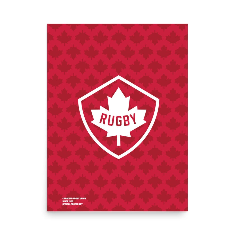 A Rugby Canada Maple Leaf Poster by PF LIC featuring the Rugby Canada logo on a vibrant red background, showcasing the passion and intensity of the sport.