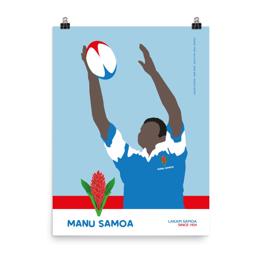 Light blue and red poster with Manu Samoa Rugby player catching the ball and the Manu Samoa Rugby logo and Lakapi Samoa' inscription at bottom.