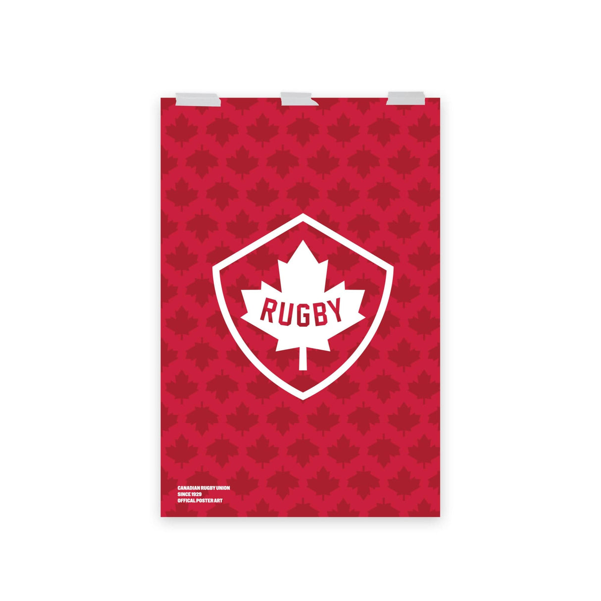 A PF LIC Rugby Canada Maple Leaf Poster on a red background, perfect for a sports poster.