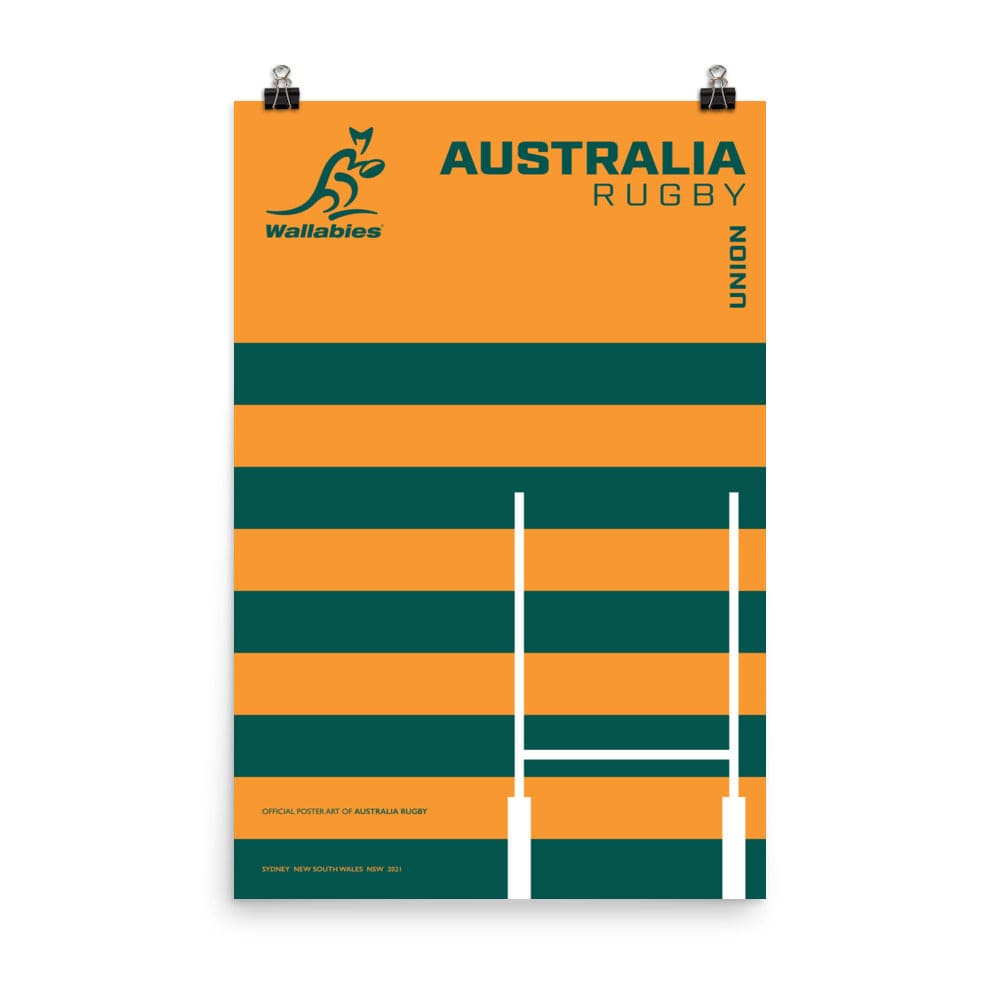 An Australian rugby poster featuring the PF LIC Wallabies Green Stripe Poster set against a vibrant orange and green background.