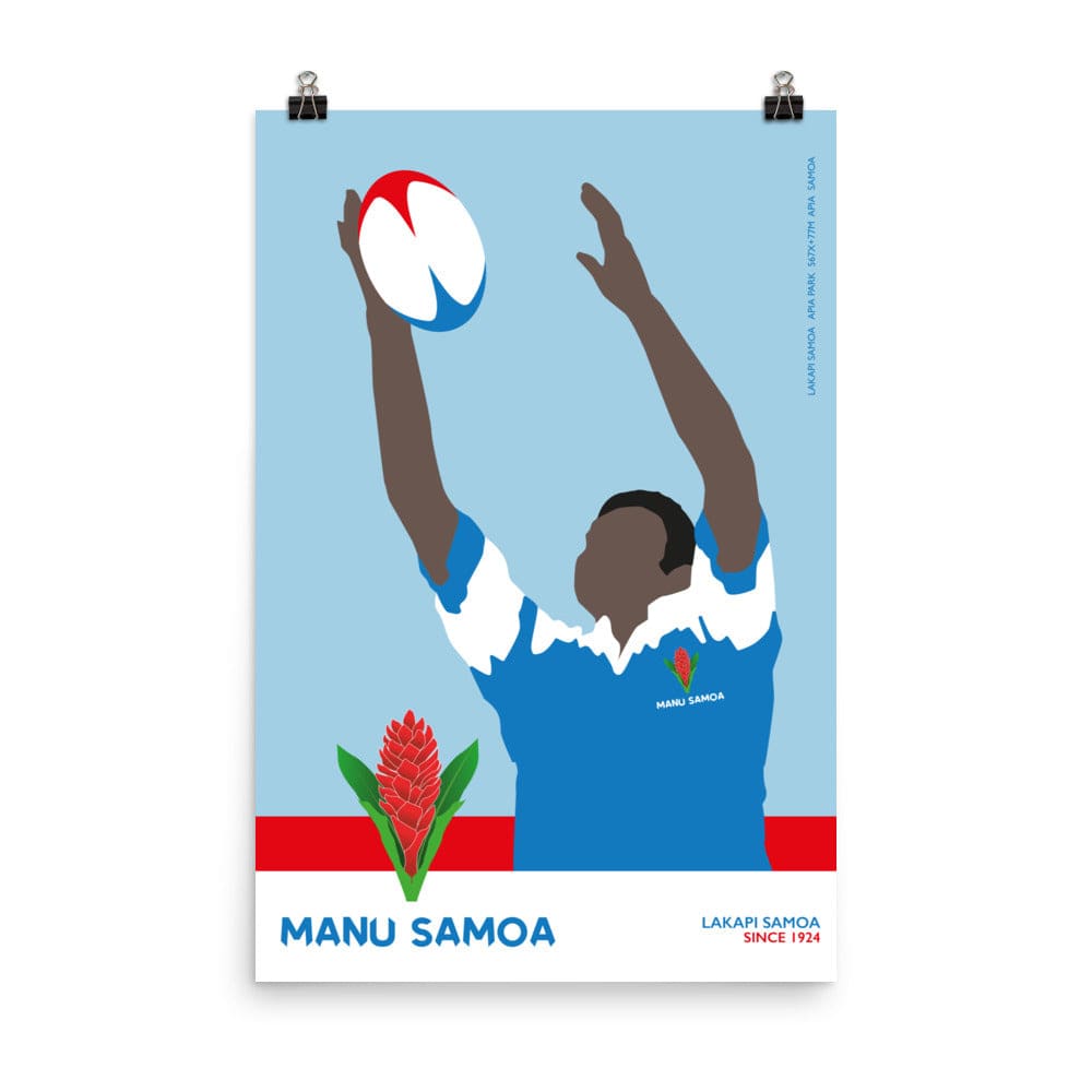Light blue and red poster with Manu Samoa Rugby player catching the ball and the Manu Samoa Rugby logo and Lakapi Samoa' inscription at bottom.