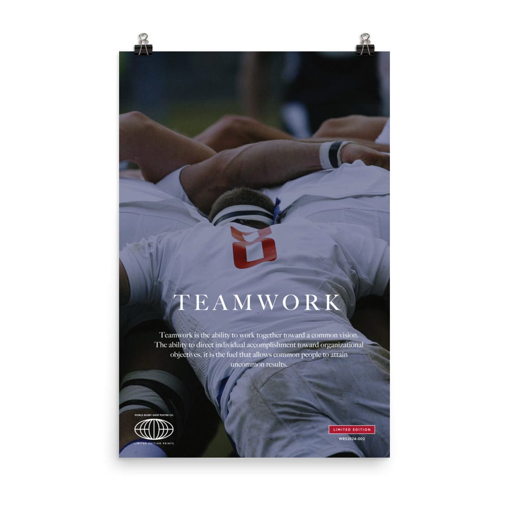 The PF LIC Rugby Teamwork Poster showcases rugby players in a scrum with the word "TEAMWORK" and a definition, "Teamwork is the ability to work together toward a common vision." Printed on thick matte paper, this museum-quality poster will brighten any environment. Featuring logos for World Rugby and the United Nations at the bottom.