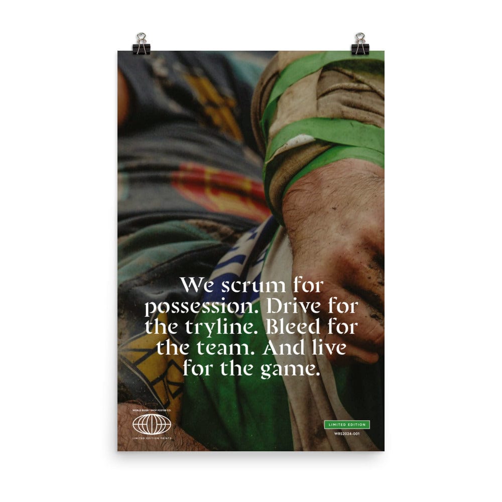 Close-up of a rugged rugby player's arms wrapped in green tape, with motivational text about the passion and effort in the sport of rugby. This impactful scene is captured on thick matte paper, brought to life by PF LIC's Scrum, Drive, Bleed, Live Rugby Poster. It will brighten any environment and inspire dedication and teamwork.