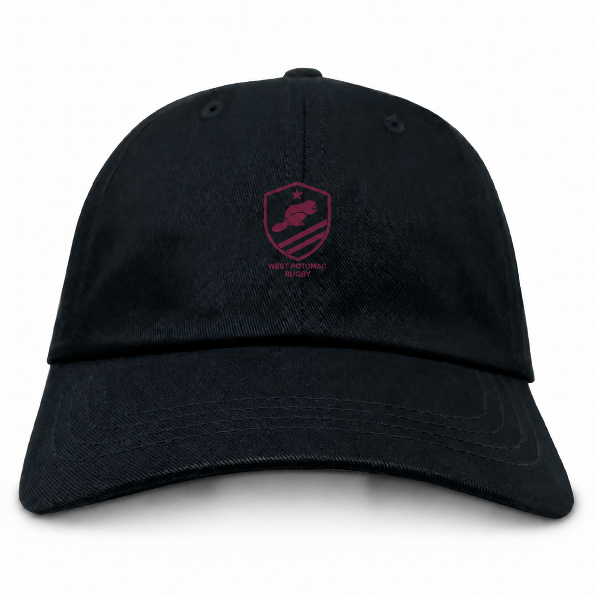 West Potomac RFC Adult Low-Profile Cotton Twill Dad Cap in black cotton twill featuring an embroidered maroon West Potomac Rugby shield logo with a beaver.