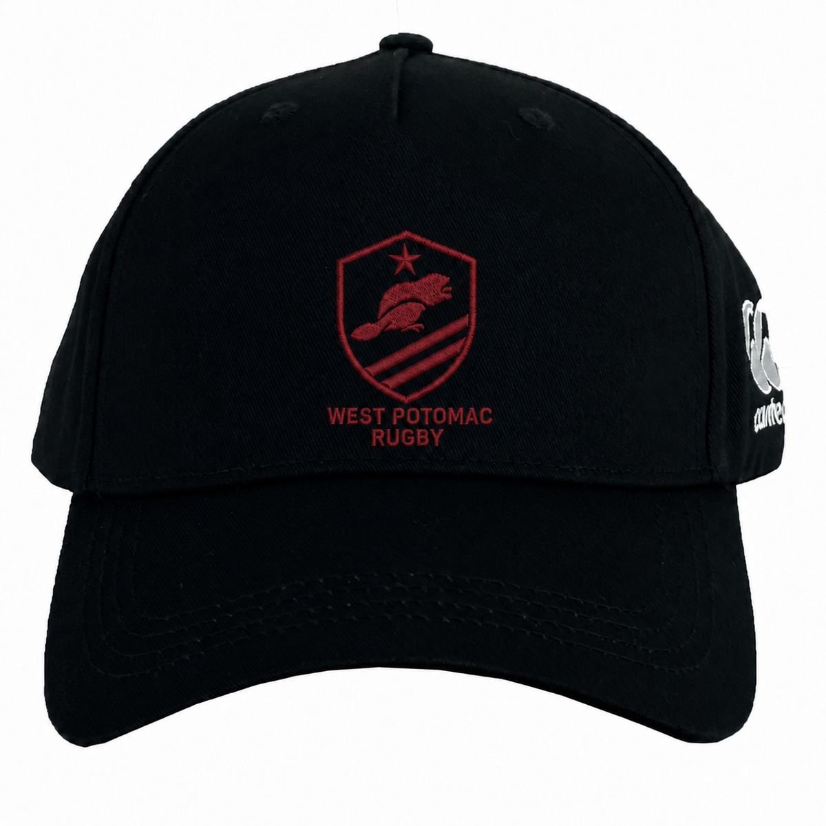 West Potomac RFC Flexfit Drill Cap by Canterbury featuring a red embroidered CCC logo and “West Potomac Rugby” text on the front.