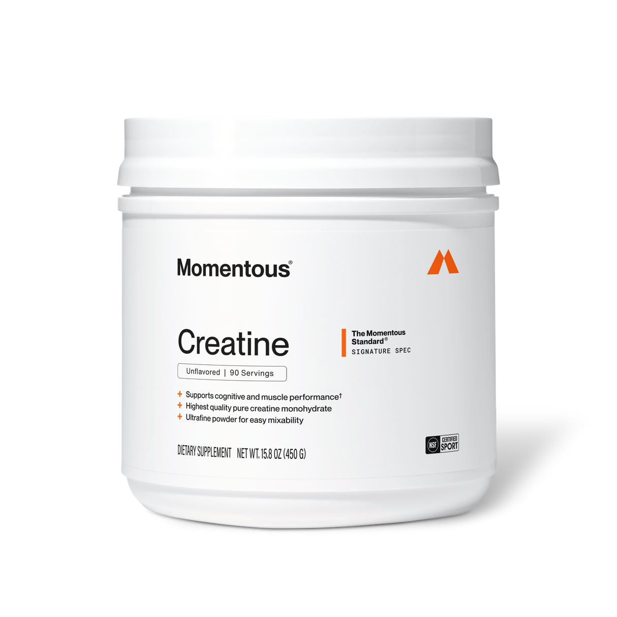 A white container of Momentous Creatine by Momentous, displaying product details, branding, and serving size information on the front label—formulated with pure creatine monohydrate to support muscle growth and enhance cognitive function.