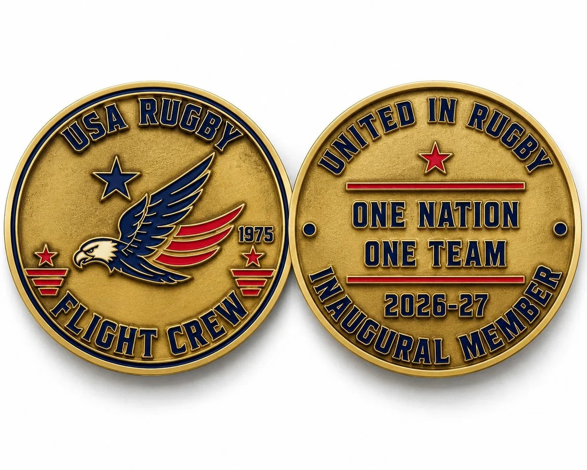 Two gold-toned USA Rugby Flight Crew 2026-27 Supporter’s Kit challenge coins: one side features an eagle emblem, and the other reads “United in Rugby One Nation One Team 2026-27 Inaugural Member.”