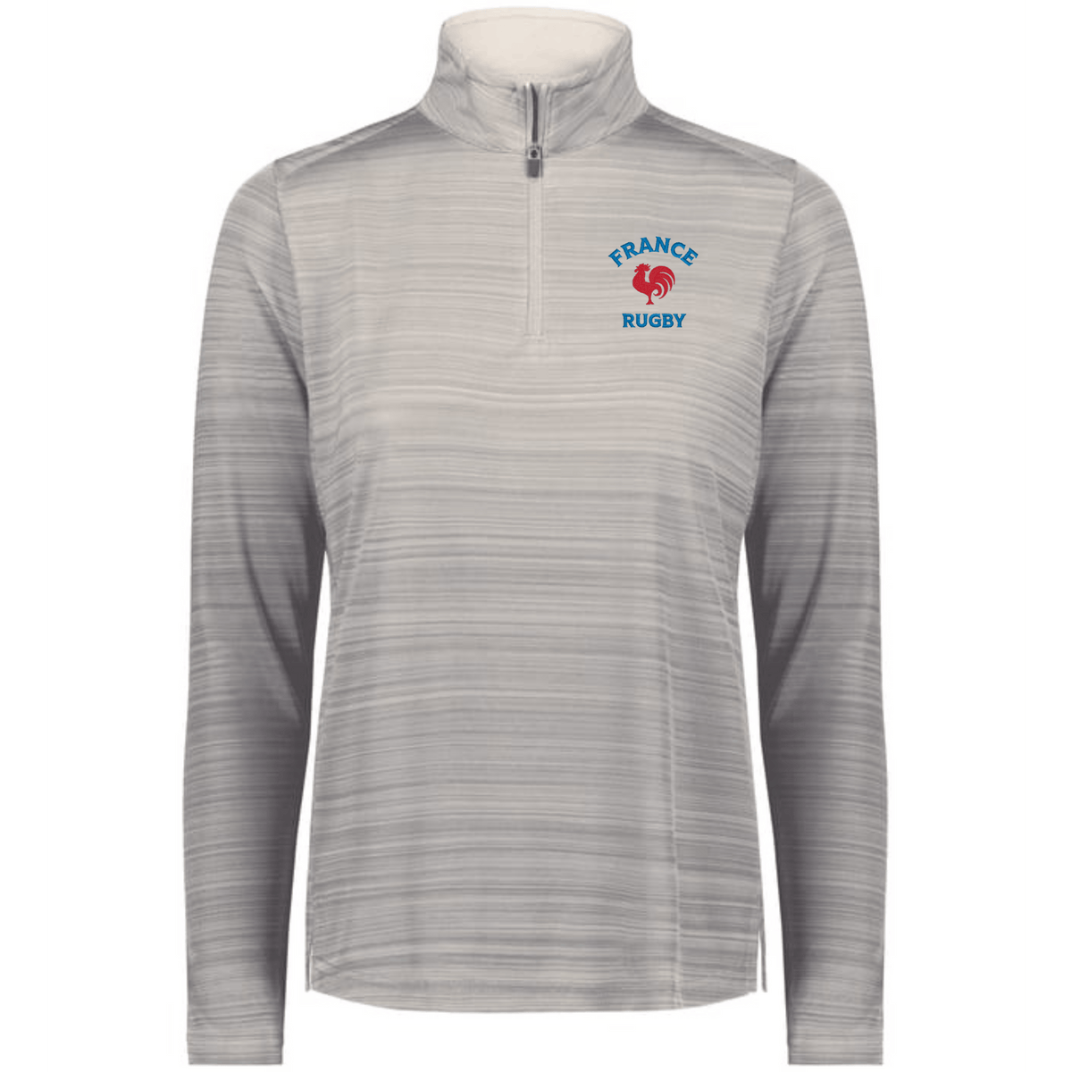 The EMB Augusta Women's Nations of Rugby France Pursuit 1/4 Zip Pullover is a light grey long-sleeve top featuring "FRANCE RUGBY" and a red rooster logo—ideal apparel for France rugby fans.
