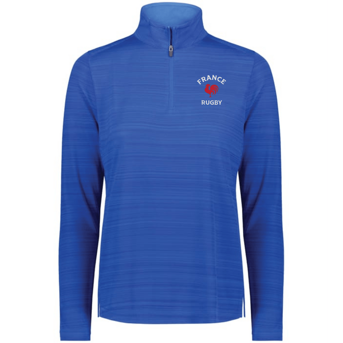 The EMB Augusta Women's Nations of Rugby France Pursuit 1/4 Zip Pullover features a blue long-sleeve design with a "France Rugby" logo and red rooster emblem—ideal for fans wanting stylish women's rugby apparel.