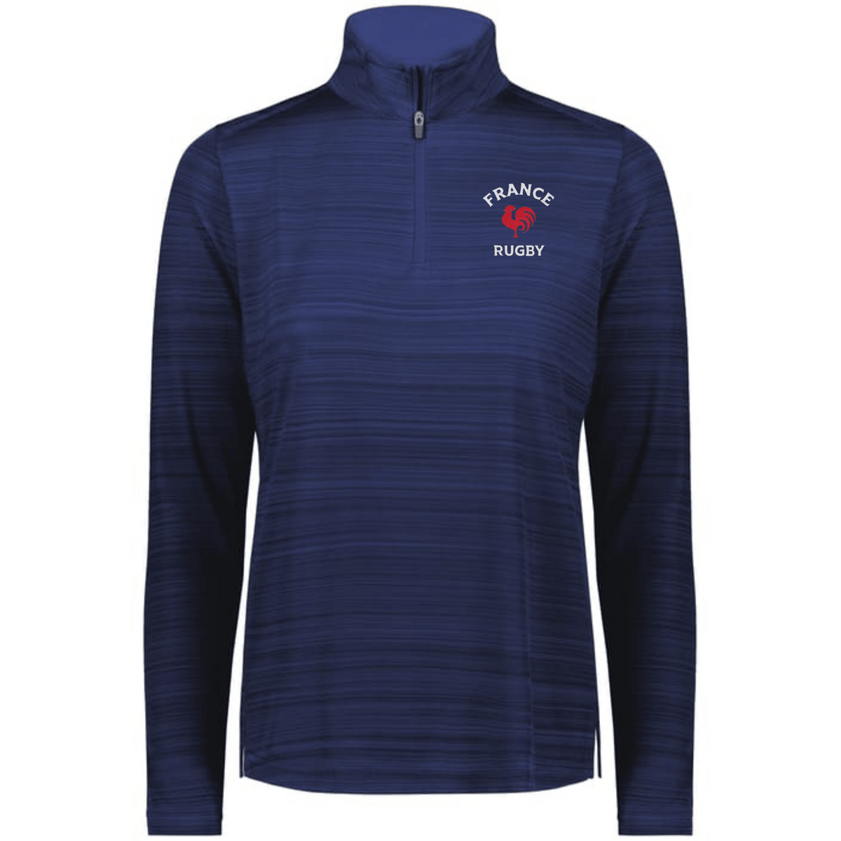 The EMB Augusta Women's Nations of Rugby France Pursuit 1/4 Zip Pullover is a navy, long-sleeve top featuring the "France Rugby" logo—ideal for women's rugby apparel collections.