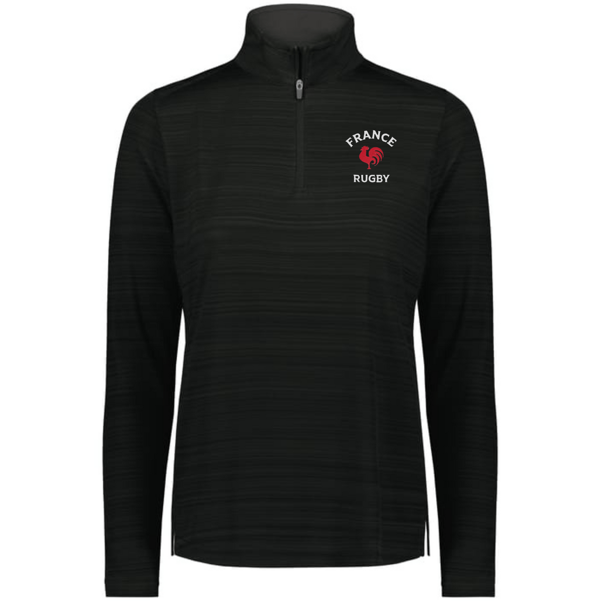 The EMB Augusta Women's Nations of Rugby France Pursuit 1/4 Zip Pullover features "France Rugby" and a red rooster logo, made from moisture-wicking fabric for comfort on and off the field.
