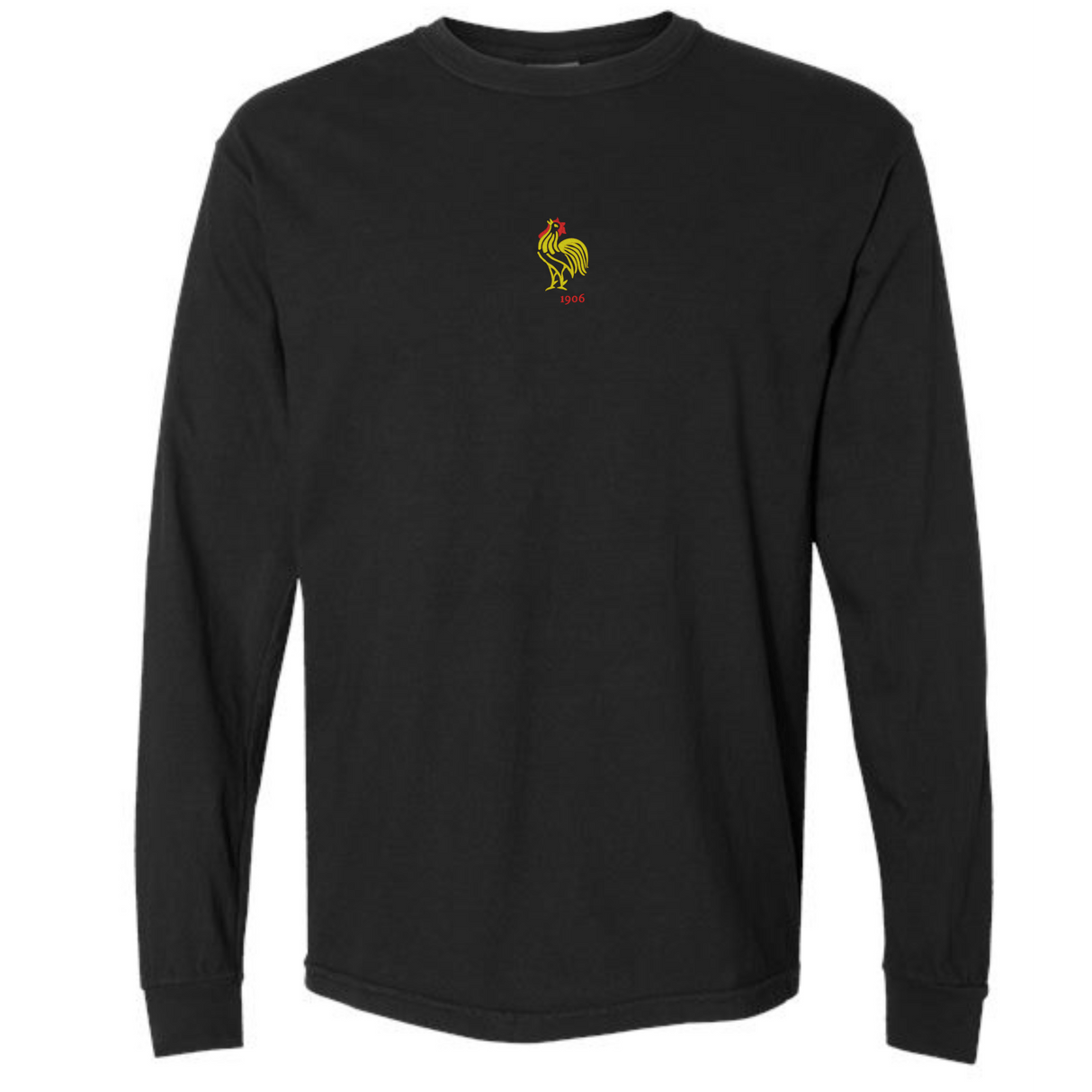 The EMB S&S Activewear France Vintage Long Sleeve Comfort Tee features a small yellow and red rooster graphic with "1965" on the center chest, combining comfort with classic French-inspired style.
