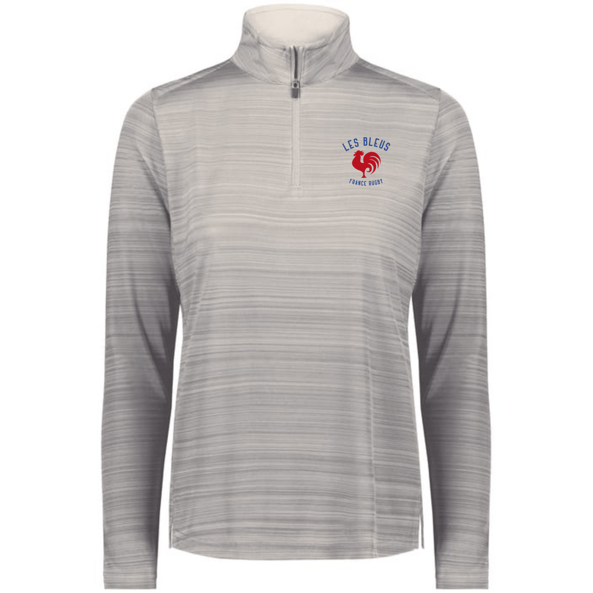 Show your support in style with the EMB Augusta Women's Nations of Rugby Les Bleus Pursuit 1/4 Zip Pullover, featuring a quarter-zip collar, "Les Bleus France Rugby" logo, and a red rooster emblem on the left chest.
