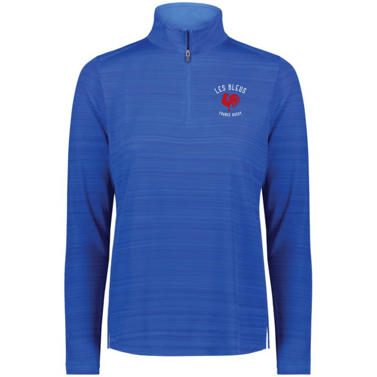 The EMB Augusta Women's Nations of Rugby Les Bleus Pursuit 1/4 Zip Pullover is a blue moisture-wicking athletic top featuring "LES BLEUS," "FRANCE RUGBY" text, and a red logo—perfect for fans.