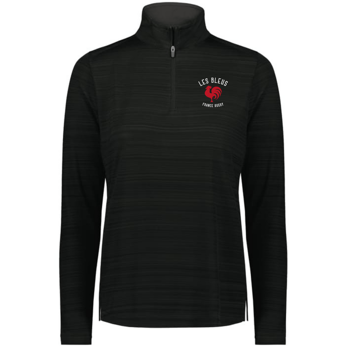 The EMB Augusta Women's Nations of Rugby Les Bleus Pursuit 1/4 Zip Pullover in black features "LES BLEUS FRANCE RUGBY" and a red rooster logo on the chest. This moisture-wicking athletic top is perfect for rugby fans.