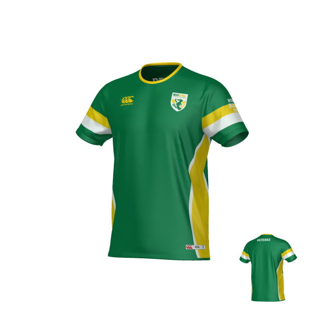 Stand out on the field with the SoCal Referees Canterbury Reversible Training Tee by Teamatical. This green rugby jersey, designed with yellow and white accents and a prominent badge on the chest, features “REFEREE” printed on the back for clear identification. Perfect for SoCal Referees seeking comfort, style, and high visibility during matches.