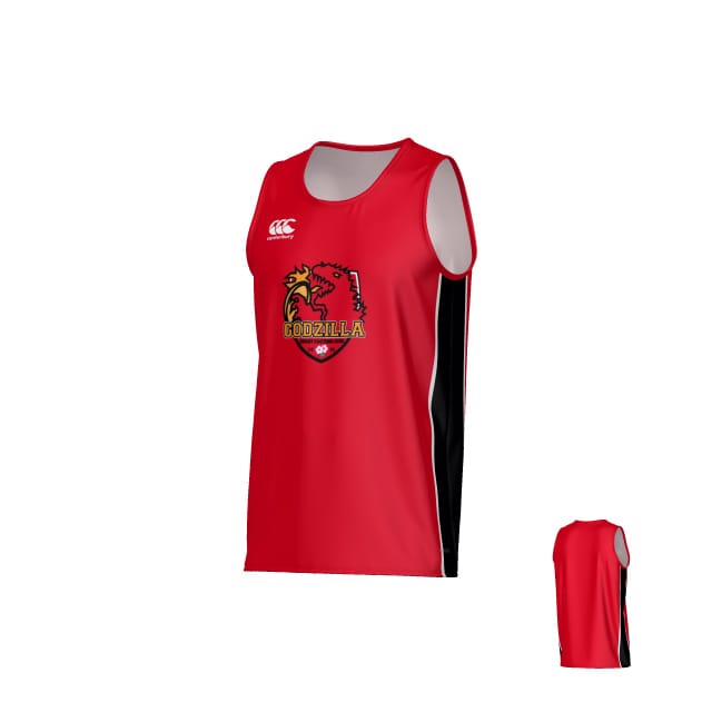 Godzilla Rugby Canterbury Kirra Performance Singlet in red by Teamatical, featuring a sleeveless design with a prominent “Godzilla” dragon logo on the front and a small white Teamatical brand logo on the chest, displayed from both front and back views.