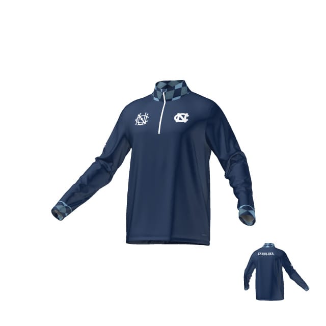 The Teamatical UNC Rugby Canterbury Midlayer 1/4 zip is a navy blue pullover featuring UNC logos on the front, checkered collar and cuffs, and "Carolina" printed across the back.