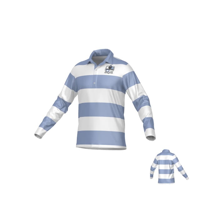 The Teamatical Austin Huns DNA LS Pique Polo Shirt features wide light blue and white stripes, a collar, left chest logo, and long sleeves; small inset shows back view.