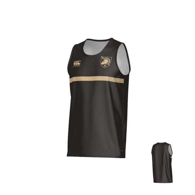 The West Point Canterbury Legacy Performance Singlet by Teamatical is a sleeveless black athletic jersey with a gold horizontal stripe, a logo on the left chest, a small white logo on the right chest, and features both front and back views.