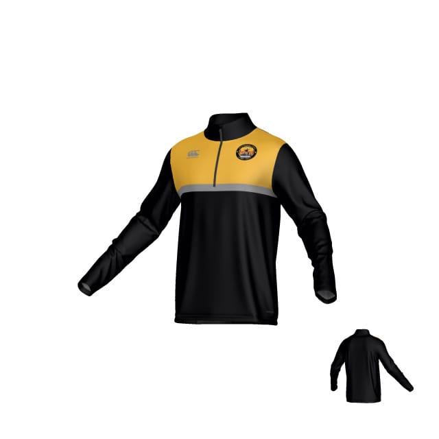 The Teamatical Pittsburgh Forge Canterbury Legacy Midlayer 1/4 Zip is a black and yellow long-sleeve pullover with a front zipper and chest logo, shown from both front and back angles.