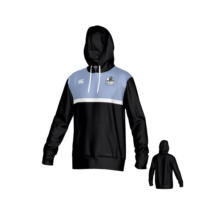 The Austin Huns Canterbury Legacy Performance Hoodie by Teamatical features black and light blue colors, white accents, a front pocket, and sports team logo on the chest; displayed in both front and back views.