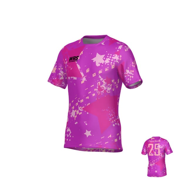 The Teamatical WRS MENS PRO JERSEY - PUNK STAR features short sleeves, pink and purple colors with abstract white patterns, the number 25 and "Player Name" on the back, plus a "WRS" logo on the front.