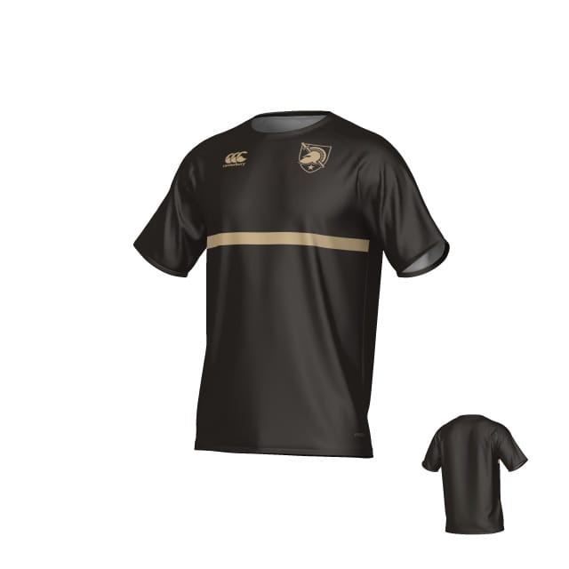 The Teamatical West Point Canterbury Legacy Performance Tee is a black short-sleeve jersey with a gold horizontal chest stripe, team crest left, and manufacturer logos on right chest and sleeve; the back is plain.