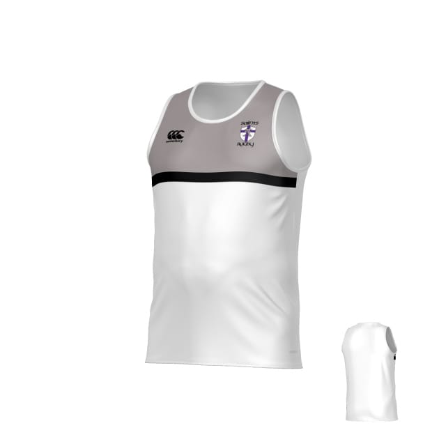 The Teamatical St. Augustine High School CANTERBURY ECO-SUBLIMATE SINGLET-MENS features a sleeveless white design with a gray upper section, black horizontal stripe, and two chest logos; shown from front and back angles.