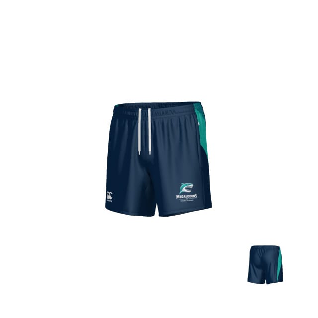 Teamatical NC Megalodons Canterbury Hunter Gym Shorts feature navy fabric, white drawstrings, teal side accents, a Megalodons logo, and a secure zip pocket for storage.