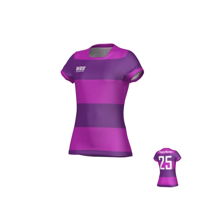 The Teamatical WRS WOMENS PRO JERSEY - CLASSIC HOOP is a short-sleeved sports jersey with wide purple and pink hoops, featuring the number 25 and "Player Name" on the back.