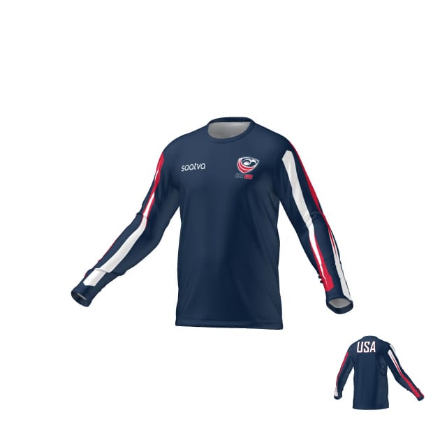 The USAWR LS TRAINING TEE by Teamatical is a navy blue long-sleeve jersey featuring red and white sleeve stripes, "USA" text on the back, and a team logo with sponsor branding on the front.