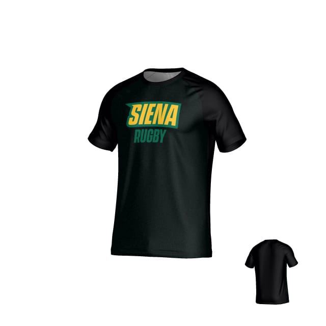 The Teamatical Siena College DNA Crew Performance Tee is a black short-sleeve athletic shirt with "SIENA RUGBY" in yellow and green on the front, moisture management for comfort, and a plain black back—ideal for rugby training.