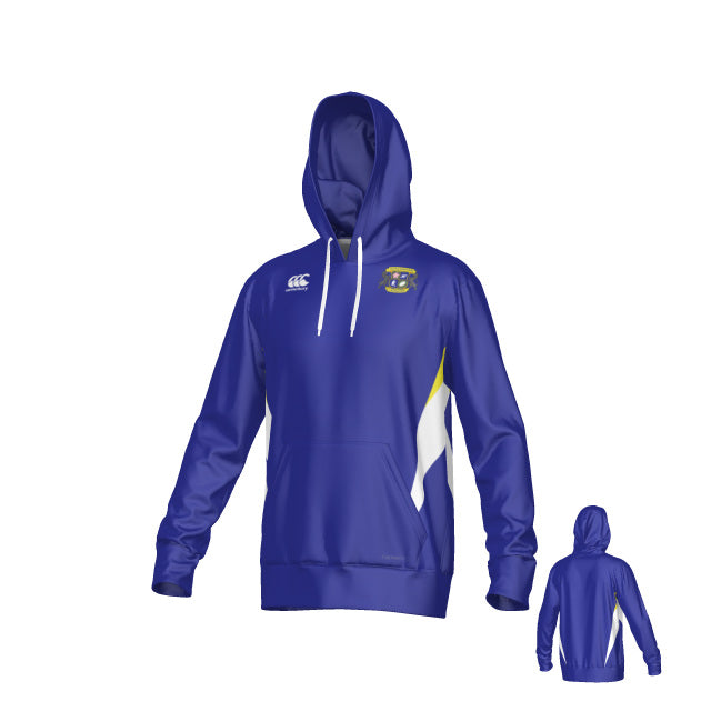 Winchester Cannons Canterbury Hunter Performance Hoodie by Teamatical, featuring a blue color with white drawstrings, a white logo on the chest, yellow and white side accents, and a front pocket; displayed from both front and back views on a plain white background.