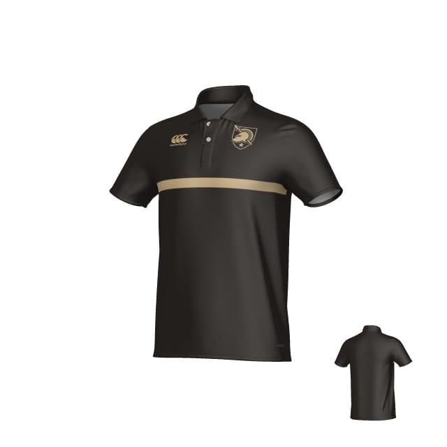 The Teamatical West Point Canterbury Legacy Performance Polo features a black design with a gold horizontal chest stripe, gold crest on the left chest, and short sleeves; shown from front and back views.