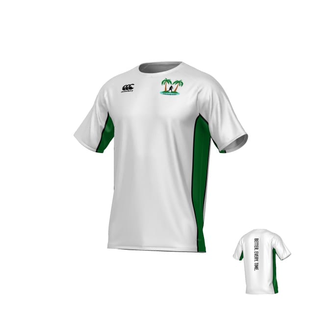 The Teamatical Twin Island Rugby Canterbury Kirra Performance Tee in green features green side panels, a palm tree logo on the chest, and "BETTER. EVERY. TIME." printed vertically on the back.