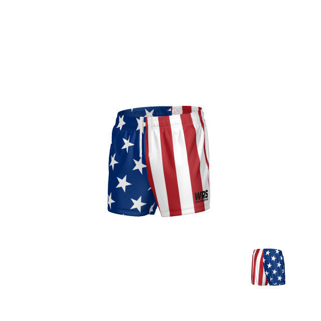 The Teamatical WRS MENS PRO SHORT - USA FLAG features a blue base with white stars and red and white vertical stripes, capturing the look of the American flag.