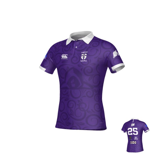 The St. Augustine Canterbury Kaha Test Jersey for men by Teamatical is a purple short-sleeve rugby jersey with a white collar, team logos on the front, white accents, and the number 25 on the back.