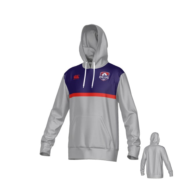 The Teamatical CenCal Rugby Canterbury Legacy Performance Hoodie features a gray body, blue upper section, red stripe, white drawstrings, front pocket, chest logo, and is shown from both front and back.