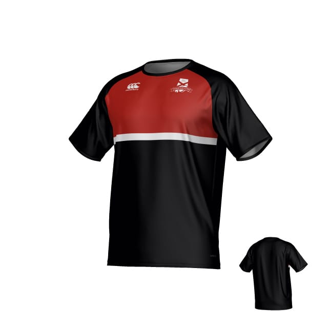 The Alabama Rugby Alliance Canterbury Legacy Performance Tee by Teamatical features short sleeves, a red upper section, black lower, white chest stripe, white front logos, and a solid black back.