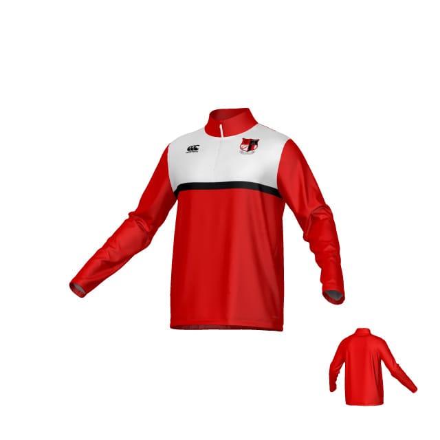 The Amoskeag Rugby Club Canterbury Legacy Midlayer 1/4 Zip by Teamatical features a red lower section, white upper, black stripe, and crest on the left chest, displayed from front and back.