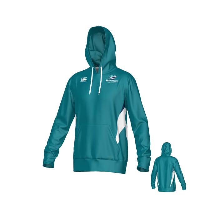 Teamatical NC Megalodons Canterbury Hunter Performance Hoodie in teal, featuring white side accents, front pouch pocket, and chest "Megalodons" logo; displayed in both front and back views.