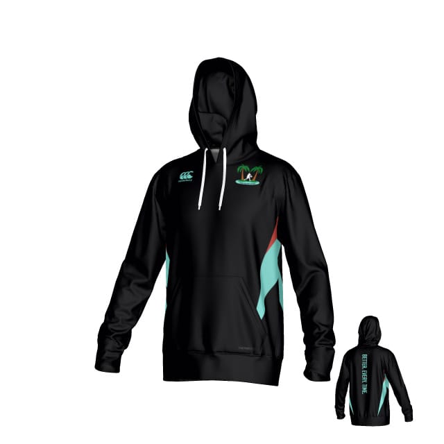 The Teamatical Twin Island Rugby Canterbury Hunter Performance Hoodie features teal and white accents, a front left chest logo, and vertical text down the back.