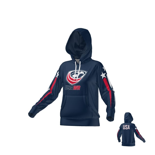 The USAWR TRAINING HOODY - WMNS by Teamatical features a navy blue design with the USA Wrestling logo on the front, white stars and red stripes on the sleeves, and "USA" printed on the back.