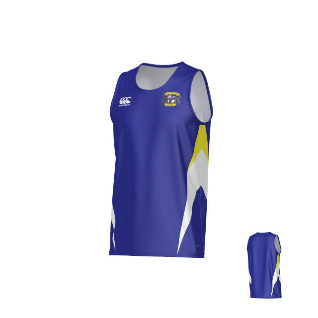 Winchester Cannons Canterbury Hunter Performance Singlet by Teamatical—sleeveless blue athletic jersey featuring white and yellow accents, a printed Winchester Cannons logo on the chest, and a Teamatical logo on the front left shoulder. Back view displayed in the bottom right.
