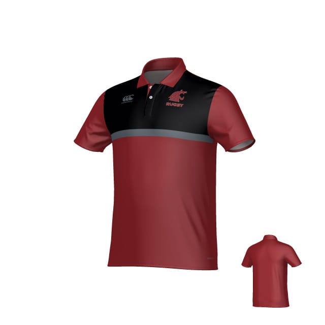 Washington State Rugby Canterbury Legacy Performance Polo by Teamatical features a maroon short-sleeve design with black and gray chest panel, polo collar, and team logo on the left chest. Rear view shown in corner.